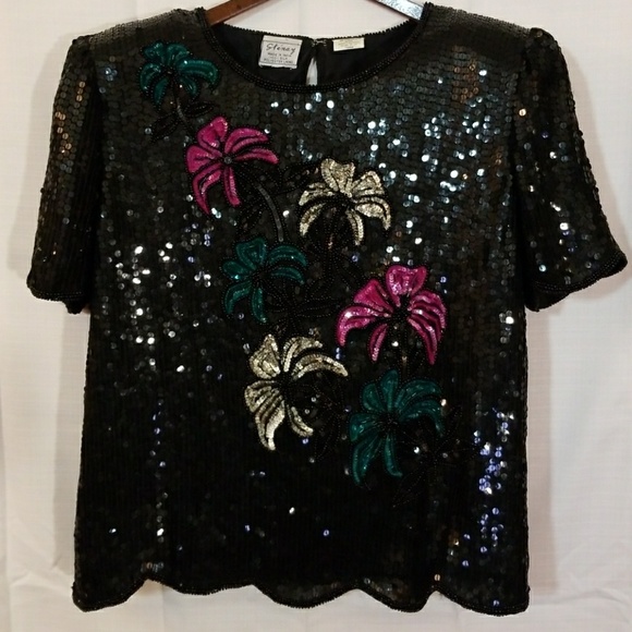 Stenay Tops - Vintage Stenay Sequined Cocktail Blouse - Lilies